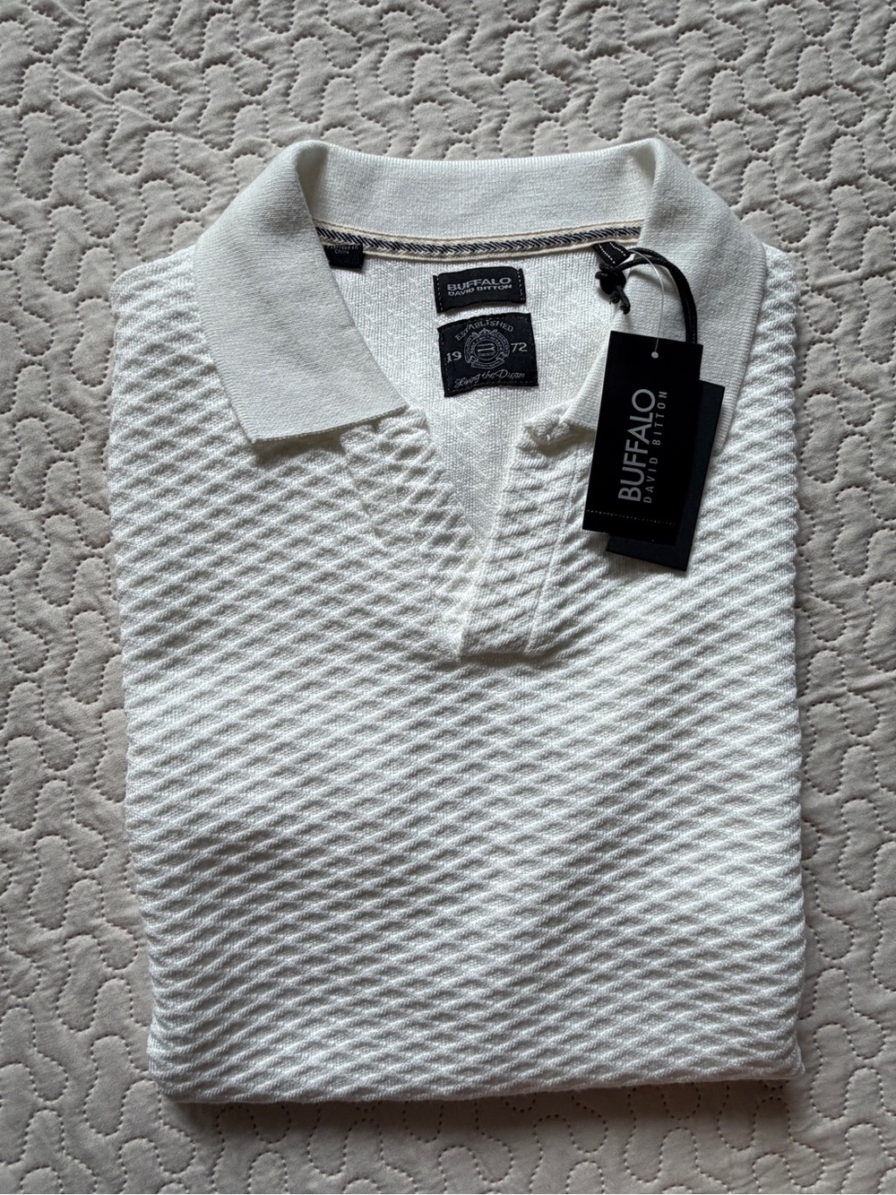 Buffalo David Bitton Men's Small White Textured Knot V-Neck Polo Shirt